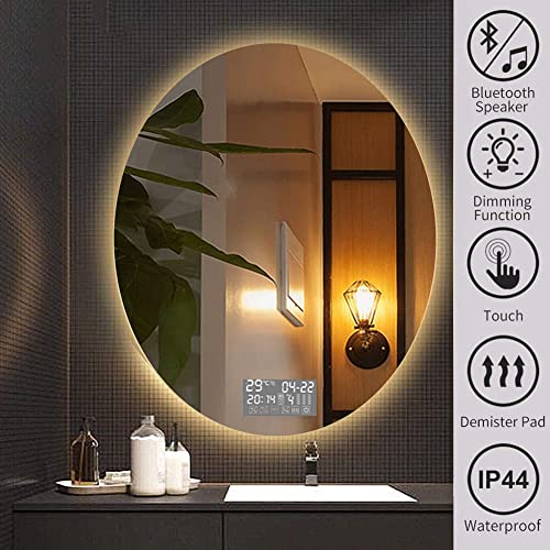 Luz De Espelho De Vaidade De Banheiro Iluminado Por Led, Espelho Oval Montado Na Parede, Alto-Falant