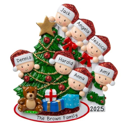 Product Image of the Personalized Happy Family Bannister Peeking Family Christmas Tree Ornament Present Gift Christmas Morning-Free Personalized (Family of 7)