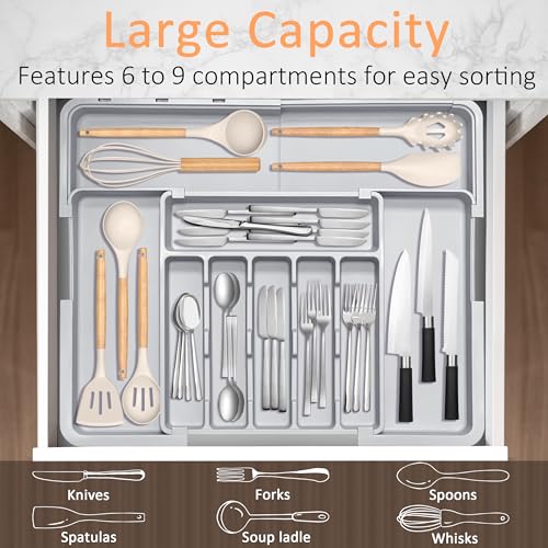 Silverware Organizer Expandable Kitchen Drawer Organizer Adjustable 22"x 19" Utensil Organizer with Rubber Feets Cutlery Drawer Organizer for Spoons Forks Knives Kitchen Organizers and Storage Grey