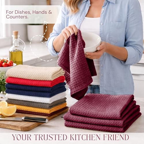 Image of Burgundy Kitchen Towels - Waffle Weave, 100% Cotton, Soft & Absorbent, Fast Dry, Durable, 16x26 Inches, Perfect for Dish Drying, Bar, Cleaning, Hand Wipe and Everyday Use, Set of 4