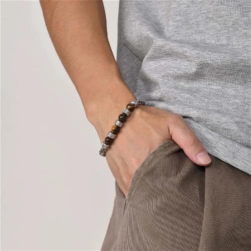 LIU JUN 7 Chakra Bracelet For Men, 8MM Natural Stone Pineapple Beads Stainless Steel Adjustable Silver Cuban Link Chain Handmade Power Healing Gift Jewelry3