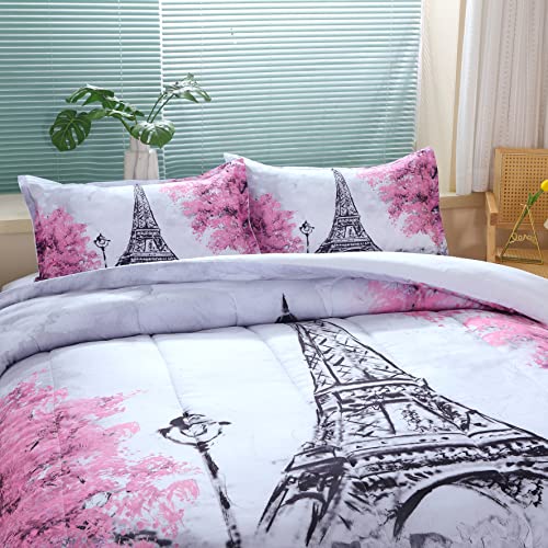 Paris Style Comforter Set For Girls Teens, Queen Size France Eiffel Tower Bedroom Themed Bedding Comforter With 2 Romantic French Pink Flowers Patterned Pillowcases-90 X90(Queen, Grey) #TOP4