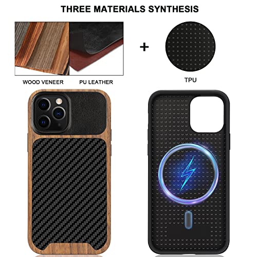 Tendlin Magnetic Case Compatible With Iphone 12 Pro Max Case Wood Grain With Carbon Fiber Texture Design Leather Hybrid Slim Case (Compatible With Magsafe) Black #TOP1