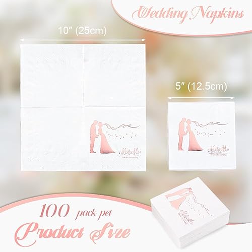 Miniatura 2 de Paquete de 100 servilletas de boda Mr. and Mrs. con diseño de oro rosa, servilletas de cóctel para decoración de boda, ducha, compromiso, fiesta (5