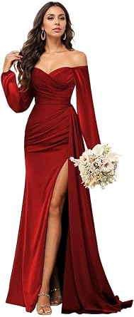 Everlong Long Sleeve Bridesmaid Dresses for Women Satin Off The Shoulder Formal Evening Dresses with Slit EL009