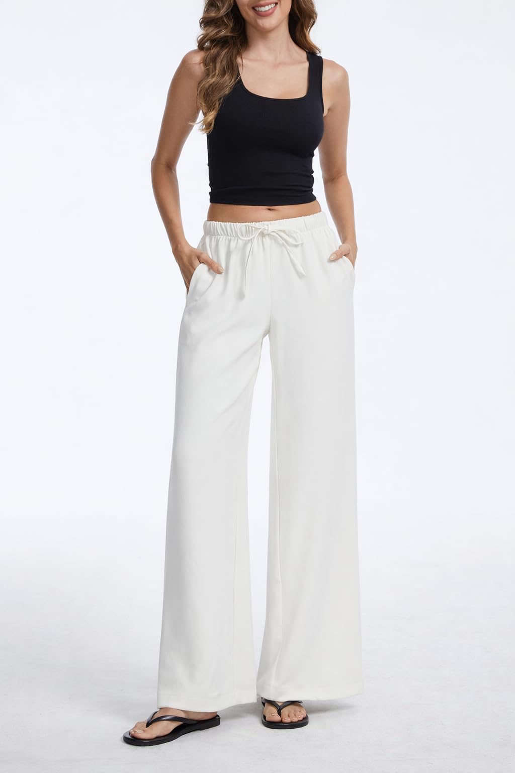 AnotherChill Women's High Waisted Wide Leg Crepe Pants Pull On Wrinkle Free Trousers with Pockets for Work Business Casual — view 2