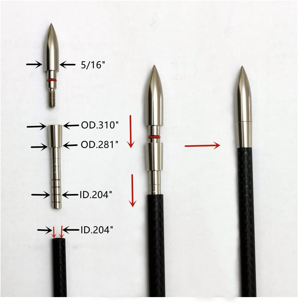 ZOEKO Stainless-Steel Arrow Inserts Suitable for ID .204" .244" Carbon Arrows, Suitable for 5/16" Field Points, Cuttable from 35-200 Grain (A Dozen)