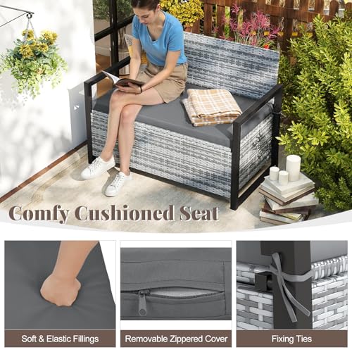 Image of Tangkula 40 Gallon Outdoor Bench with Storage, Patio Wicker Storage Bench with Cushion, Cover, Metal Frame, Deck Box Seat for Backyard, Poolside, Balcony, Garden