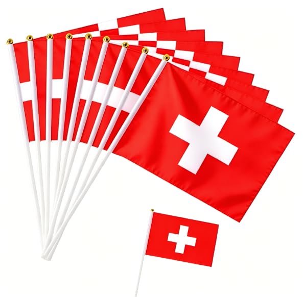 10Pcs Small Switzerland Flags on Stick for Fifa World Cup Football 2026 Decoration, 14X21cm Mini Switzerland Flag, Hand Waving Flag for National Day World Cup Football Garden Street Sports Decorations — image 1