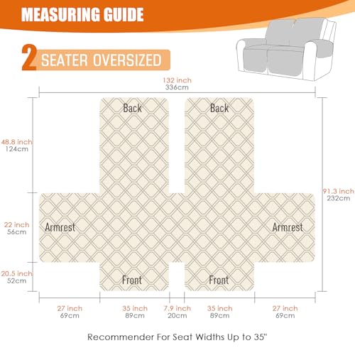 VANSOFY Waterproof Recliner Couch Covers, Sofa Covers 1-Piece Washable Reclining Sofa Cover Non-Slip Furniture Protector with Elastic Straps Pocket for Dogs, Pets(Light Gray,Oversized 2 Seater)