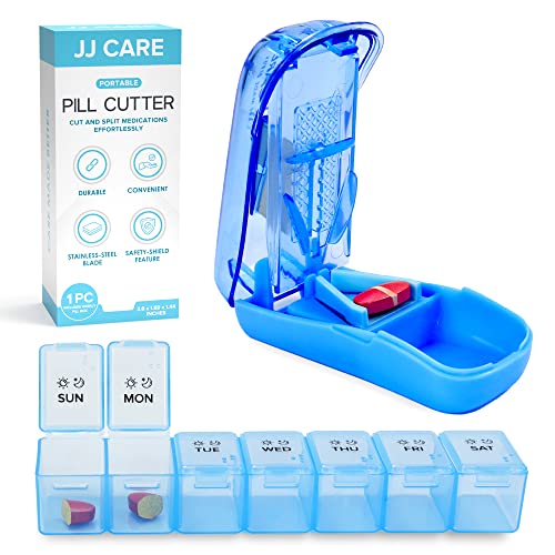 JJ CARE Prescription Pill Cutters for Small or Large Pills - Stainless Steel Blade Pill Splitter Cutter, Tablets & Vitamins - Weekly Pill Slicer Box Organizer with Safety Shield Feature