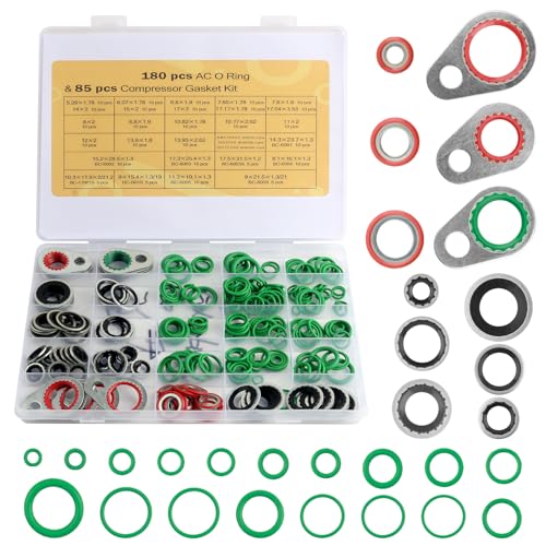 265PCS AC O Ring Kit Contains Multi-Size,Durable A/C O Ring Assortment Kit with 180PCS Rubber Rings & 85PCS Spacers for Seal Improvement,Professional AC Compressor Gasket Kits