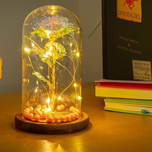 GloBrite Colorful Gold Foil Galaxy Enchanted Rose with LED Lights Pine Base in Glass Dome - Romantic Home Decor for Christmas Gift, Wedding, Anniversary, Mother's Day, Birthday