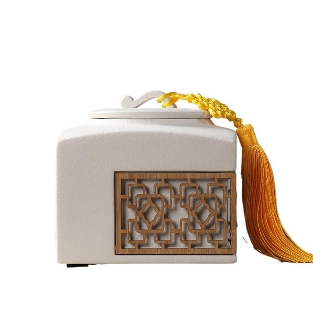 Bx9rE7tK3g Kitchen Storage Jar Household Large Ceramic Tea Canister With Tassel Chinese Hollowed Out Sealed Storage Jar Ceramic Tea Canister(White)