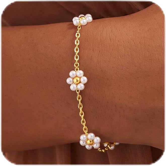 Pulseras de perlas chapadas en oro y plata de 14 quilates para mujer, pulsera de cadena delicada impermeable, apilable, para playa, verano, cuentas de eslabones, conjunto de pulseras de eslabones, regalo de joyería de moda
