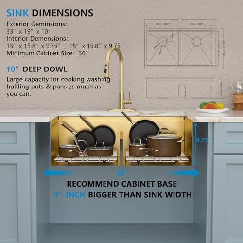 Fulorni 33"x19" Undermount Double Bowl Kitchen Sink Workstation - Brushed Gold NANO-PVD, 16 Gauge 304 Stainless Steel, Under Counter Low Divide 50/50 Split Basin for Kitchen by Fulorni - Image 5