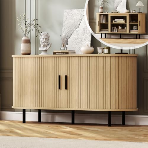 BREEZEHEAT 55'' Mid Century Fluted TV Stand-Curved TV Cabinet with Storage, Sliding Doors & Adjustable Shelves-Entertainment Center for TVs Up to 65 I