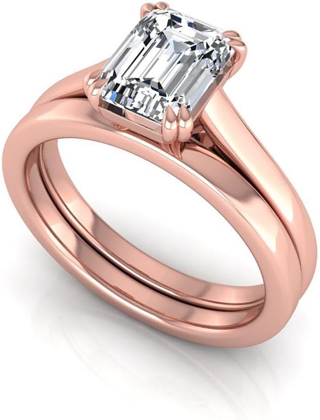 IGI Certified 2 Carat Emerald Cut Lab Grown Diamond F, VVS2 14K Gold Solitaire Engagement Promise Wedding Ring Set For Womens