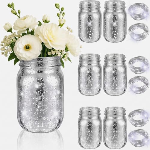 Image of Layhit 6 Pcs Painted Mason Jars Colored Painted Mason Jars Centerpiece for Table with 6 Pcs 9.84 ft 30 LED Operated Fairy Lights for Wedding (Silver)