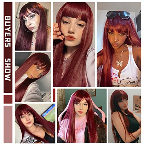 Missqueen Long Red Wig With Bangs,Straight Dark Red Wigs For Women,Wine Red Long Straight Heat Resistant Synthetic Wig For Fashion Women #TOP6