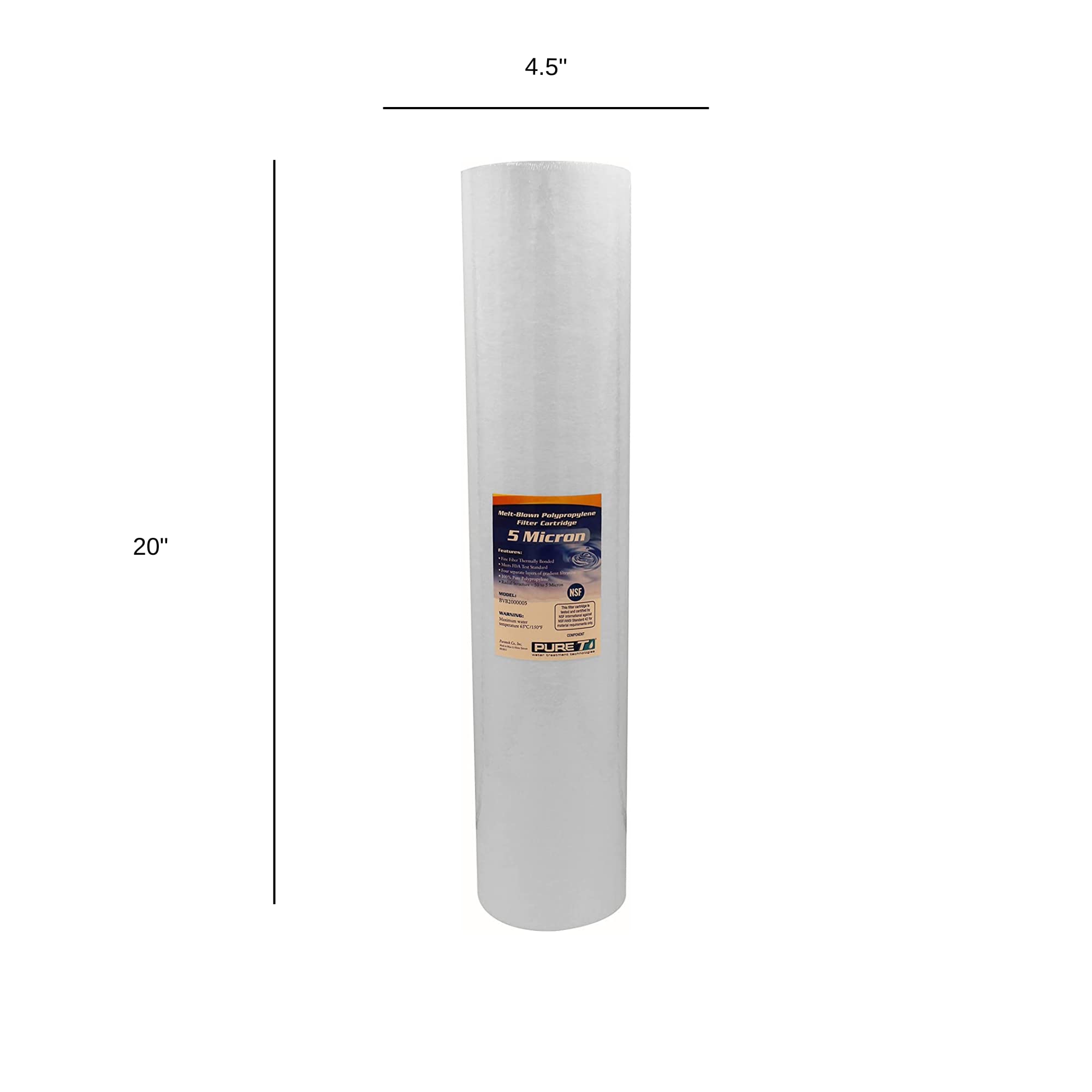 PureT BVB2000005 - Filtro per sedimenti d'acqua, certificato NSF, 50,8 x 11,4 cm, rimuove sedimenti e altri detriti organici (5 u micron nominale)