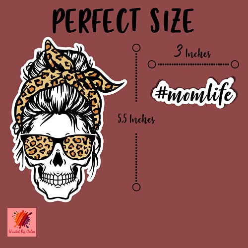 United By Color Mom Car Decal 6 Inches - #Mom Life Skull Car Decal - Cheetah Car Accessories - Car, Laptop, Water Bottle, Cup, Wall, Van #TOP4