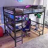 Sapgaks Lit Mezzanine Enfant en Fer 140 x 200 cm avec Bande LED,Bureau,Prise USB+Type c,Plusieurs étagères,lit superposé avec Garde Corps,Cadre de lit Mezzanine 1 Place (Noir,140x200)