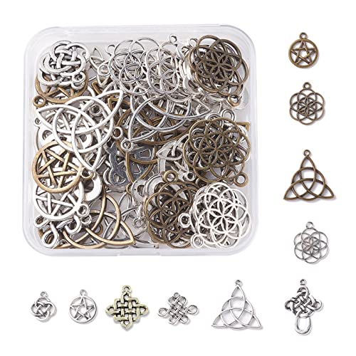 SUNNYCLUE 1 Box 60Pcs 10 Styles Celtic Knot Charms Pendants Pagan Chinese Trinity Knot Flower of Life Chakra Tibetan Style Alloy Hollow Pendants for Crafts Making Supplies Antique Silver Bronze - Image 2