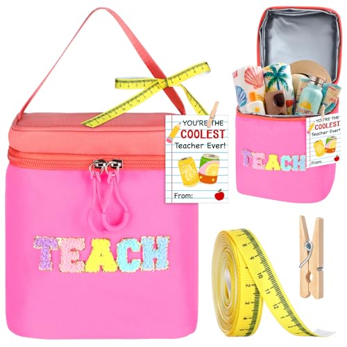 Summer Teacher Appreciation Gifts Teach Chenille Letter Cooler Bag with Ribbon Thank You Tag Wooden Clamp Cooler Bag for End of Year Graduation Retirement Summer Teacher Gifts from Student(Rose Red)