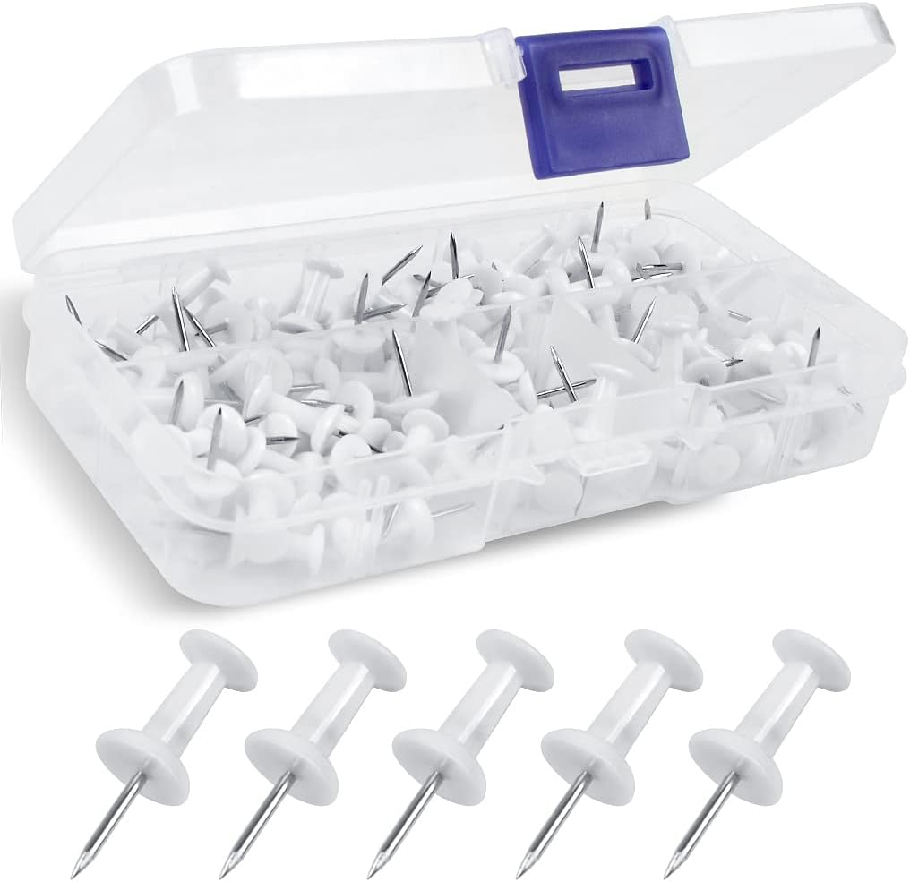 Push Pins, 100 Pcs Reusable Drawing Pins with Solid Plastic Storage Box, Rustproof Thumb Tacks for Cork Notice Pinboard Bulletin Board - School & Office Use (White)