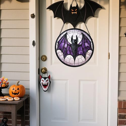 Image of Stained Glass Window Hanging - Halloween Black Bat Purple Wings Monster Suncatcher for Doors Garden Home Spooky Sun Catchers Gothic Decor Horror Gift for Women Men Friend Boy Girl 6.3 in