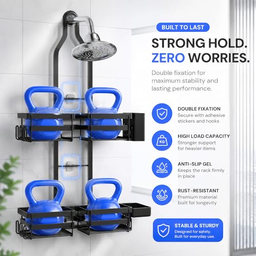 Image of amazon basics Hanging Shower Caddy for Bathroom | Bathroom Organiser Without Drill | Bathroom Accessories Storage Organizer