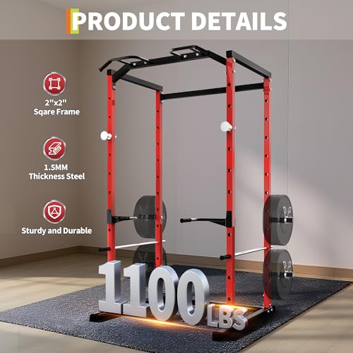 Power Cage, Squat Rack for Home Gym, 1100LB Capacity Power Rack with Pull-Up Bar, Adjustable Safety Bars, Strength Training for Home Gym