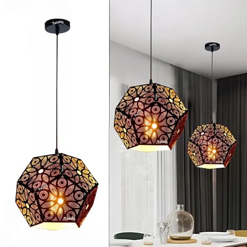 Image of twixle Metal Black Lazer Cutting Hexagonal Hanging Lights for Living Room /Pendant Lights for Ceiling /Hanging Lamps for Home Decoration /Decorative Hanging Lights,Metal (with Bulb, 1, Pack)