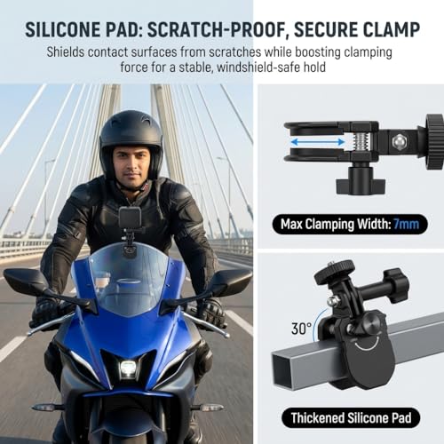 Image of ZORBES Motorcycle Windshield Clip Camera Mount, Aluminum Quick Release Motorbike Windscreen Clamp for DJI Osmo Action 6 /Osmo Nano /Osmo 360 /Action 5 4, Hero 13 12 11 10 9 8, for Insta360 X5 X4