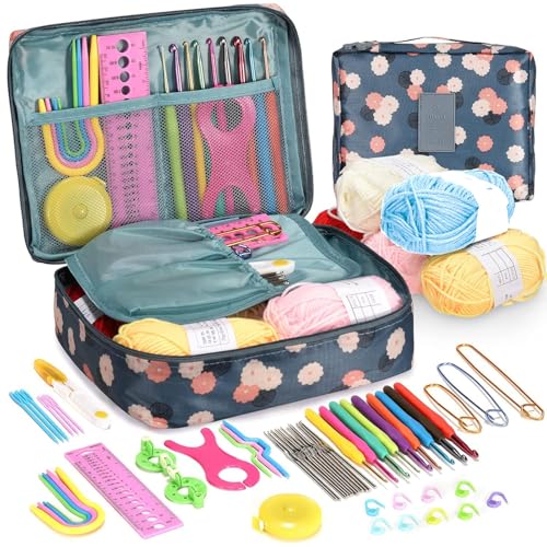 Image of Gemsy Premium 108Pcs Crochet Needle Kit For Adults - Crochet Set With Yarn, Needles, Hooks, Tools, Accessories & Storage Bag - Ideal DIY Crochet Kit for Beginners for Crafting, Blanket Making, Sweater Projects & More(Random Colour Bag)