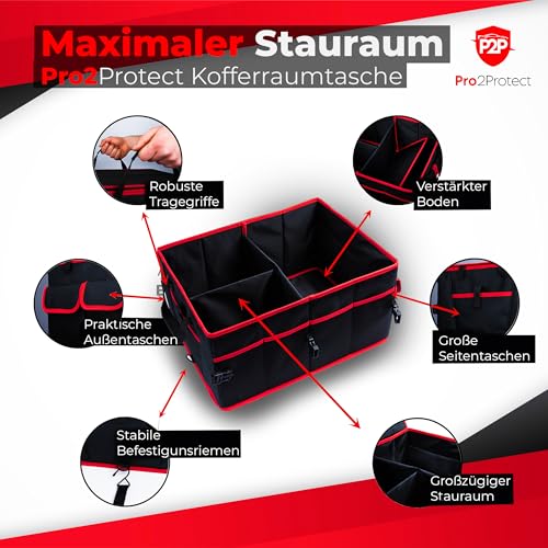 Pro2Protect PREMIUM [ 2x Test SEHR GUT Kofferraum Organizer Auto Zubehör Innenraum | 51x36x27Cm | Kofferraumtasche XXL | Faltbox WASSERDICHT | Autotasche Box | Geschenke für Frauen und Männer