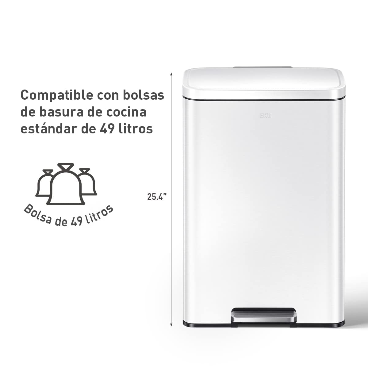 EKO Madison Cubo de Basura para Cocina 50 L con Pedal Blanco Mate | Cubo EKO Madison de 50 L en color blanco, con pedal, cierre suave, función stay-open y anillo estabilizador de bolsas.