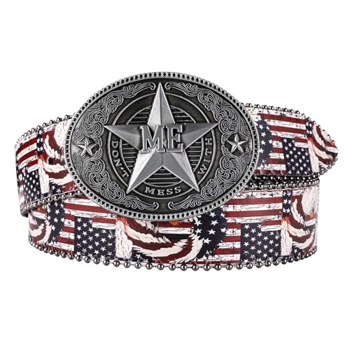Image of Dubulle Women Western Belt US Flag Eagle Buckle Print Belts Leather Adjustable Vintage Buckle for Cowgirl Costume Jeans