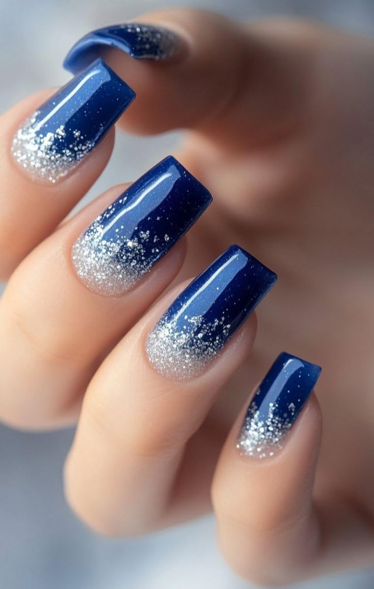 FWS Artificial fake Press On Nails Art Set (Set Of 20) Reusable Nails Extension,BridalNails,Stick-On Nails,Manicure Art Set, AcrylicNails,False Nails,DesignerNails | Nail Glue, Nail file, cuticle pusher, cleaning wipe | Glossy Navy Blue Sliver Glitter Ombre Shape Long Square-image-41