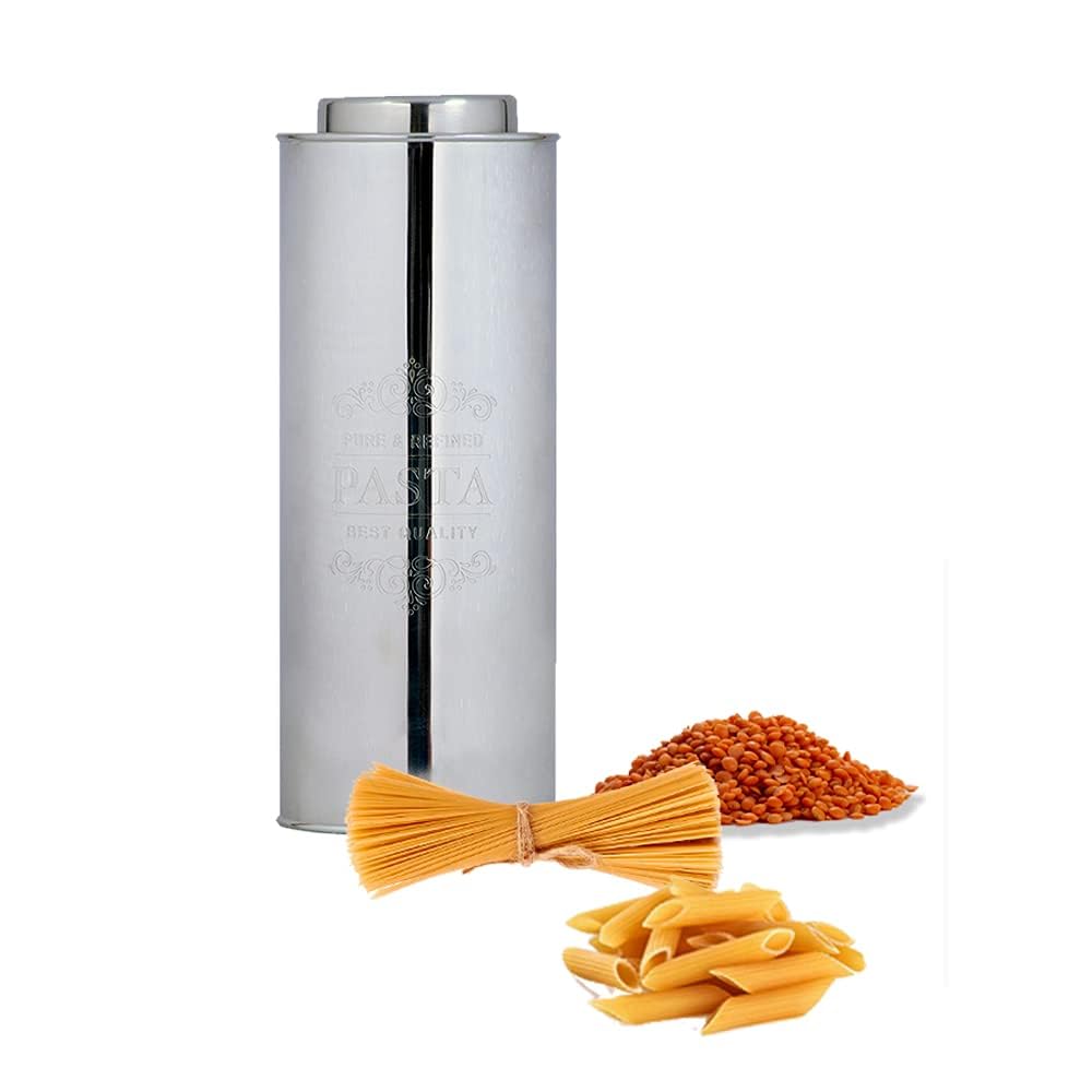 Kosma Silver Stainless Steel Pasta Canister | Spaghetti, Pasta, Flour, Cereal, Pantry Containers | Food Storage Containers With Airtight Lids | Storage Jar | Keep Food Fresh - Finish (Round) - 11"