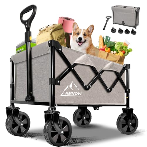 Image of Collapsible Wagon Cart with Wheels Foldable, Folding Wagons Carts with Silent Universal Wheels, Large Grocery Cart On Wheels, Heavy Duty Utility Wagon for Shopping Beach Sports Fishing Camping, Grey