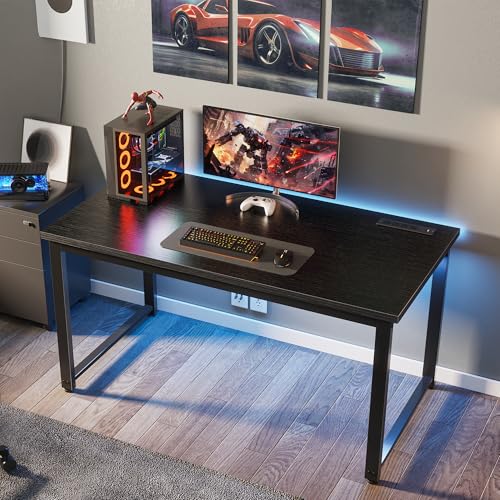 Huuger 48 x 24 inch Desk with Power Outlets & USB-C, Deeper & Thicker Desktop, Robust Metal Tubes, Computer Desk, Heavy Duty Office Desk, Work Gaming Desk for Home Office, Black