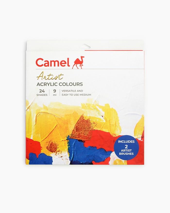 Image of Camel Artist Acrylic Colours Set | 24 Shades x 9ml Each | Rich Pigment, Smooth Finish | Ideal for Canvas, Paper, Wood & Craft Work