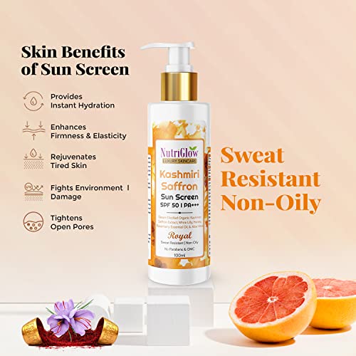 NutriGlow Kashmiri Saffron Sunscreen 50 PA+++ | for Non-Greasy, Anti-Aging Skin| Tan Treatment with Broad Spectrum| Paraben and Sulphate Free| for... - Image 4