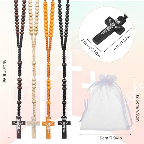 48 Pcs Wooden Rosary Beads Necklace, Catholic Rosary with Jesus Cross First Communion Rosary Bulk Wooden Rosary Beads with Organza Bags Catholic Gift Baptism Favors for Women Men (Multicolor)2