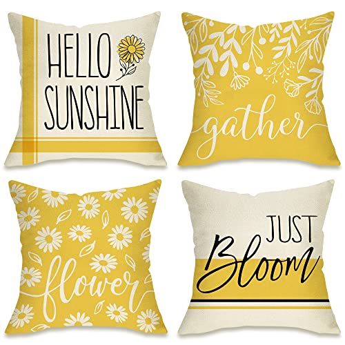 Fahrendom Hello Sunshine Decorative Throw Pillow Cover 18 X 18 Set Of 4, Spring Summer Yellow Daisy Floral Flower Porch Patio Outdoor Pillowcase, Just Bloom Gather Sofa Couch Cushion Case Home Decor #TOP17