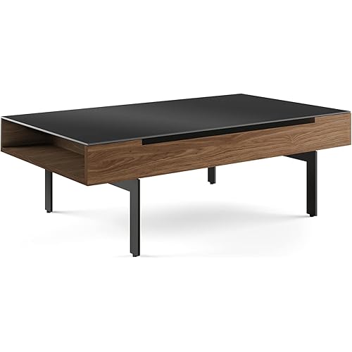 BDI Furniture Reveal 1192-48'' Lift Top Coffee Table for Living Room or Family Room with Concealed Storage, Side Storage and Satin-Etched Glass, Natural Walnut