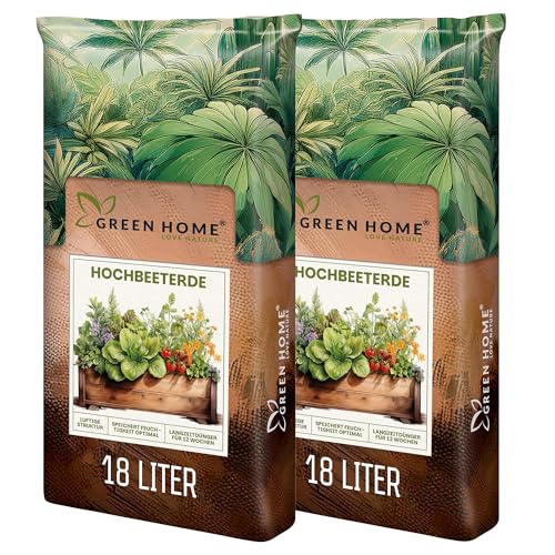 Green Home Hochbeeterde 36L - Hochbeet Erde mit Perliten, Kokosfasern, Rindenhumus & Weißtorf - gebrauchsfertige Erde für Gemüse, Kräuter und Hochbeet Grundfüllung - strukturstabile Gemüseerde