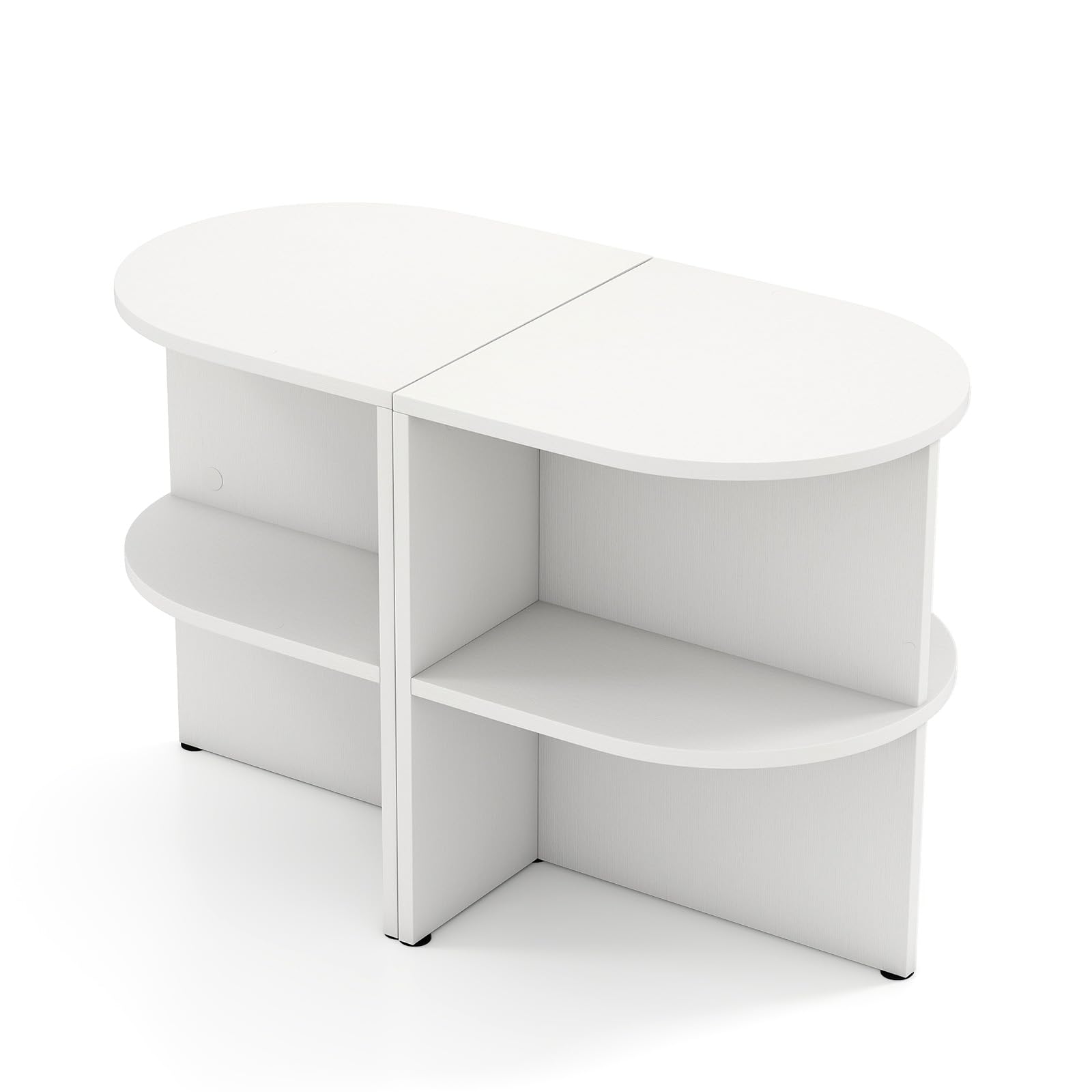 LIFEZEAL Mesa Auxiliar para Sofá o Cama con Tablero Ovalado, 2 Compartimentos de Madera, Color Blanco, Moderna, Ahorra Espacio, Decorativa, Pequeña, para Salón (1)